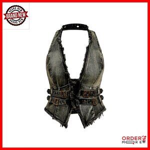 Plus Size Denim Halter Top Buckle Backless Punk Grunge Y2K Festival Wear